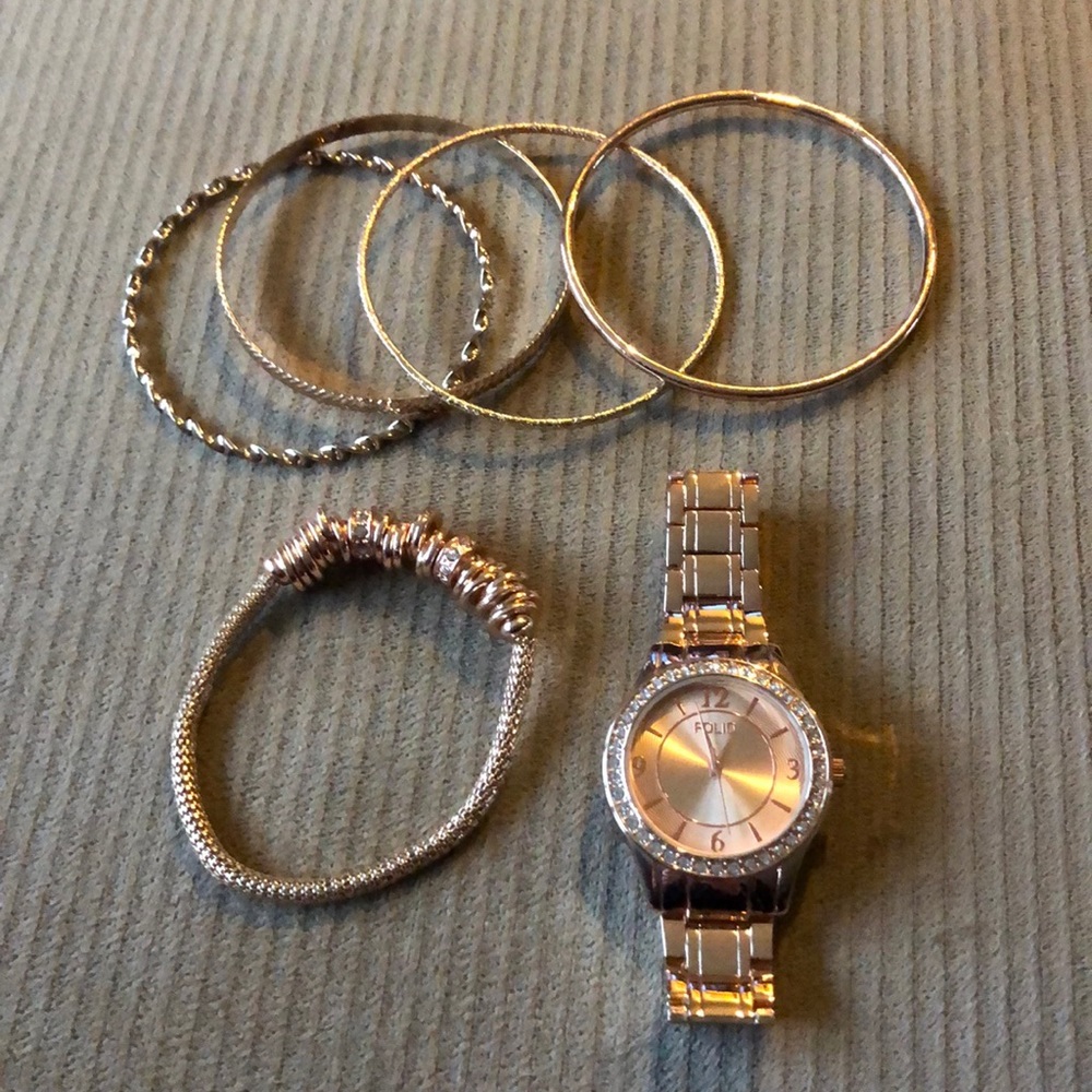 Rose Gold watch, 4 bangle/1 stretch bracelets